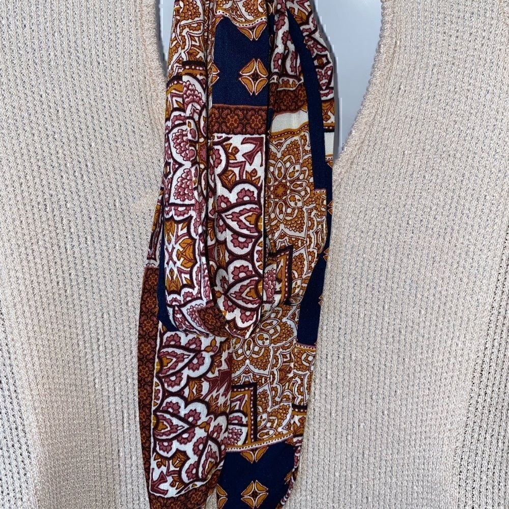 Francesca’s  Blue Rain Cienna Print Keyhole Tie Back Long Sleeve Sweater L - Picture 11 of 13